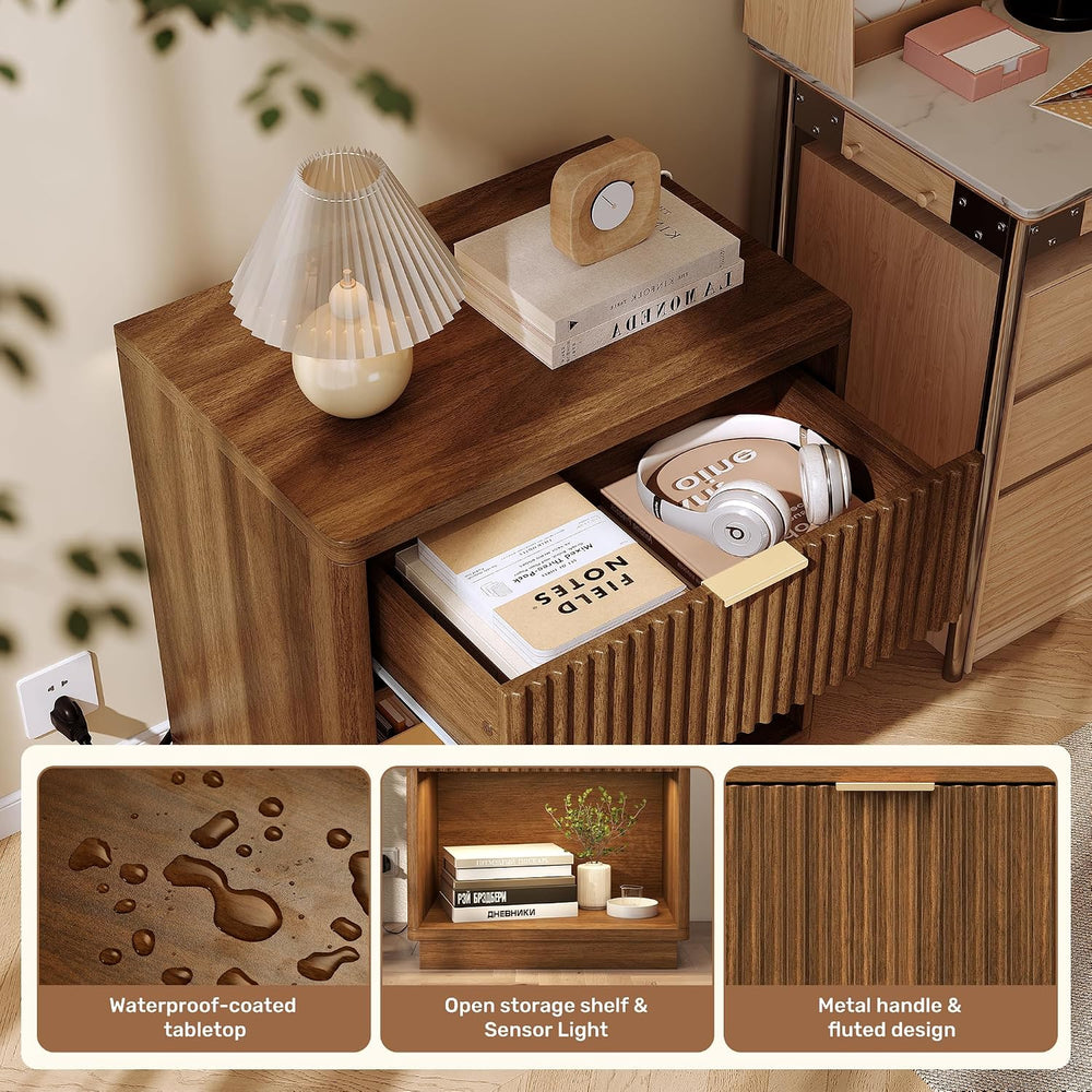 Miereirl Fluted Nightstand with Charging Station, Vintage Modern Night Stands...