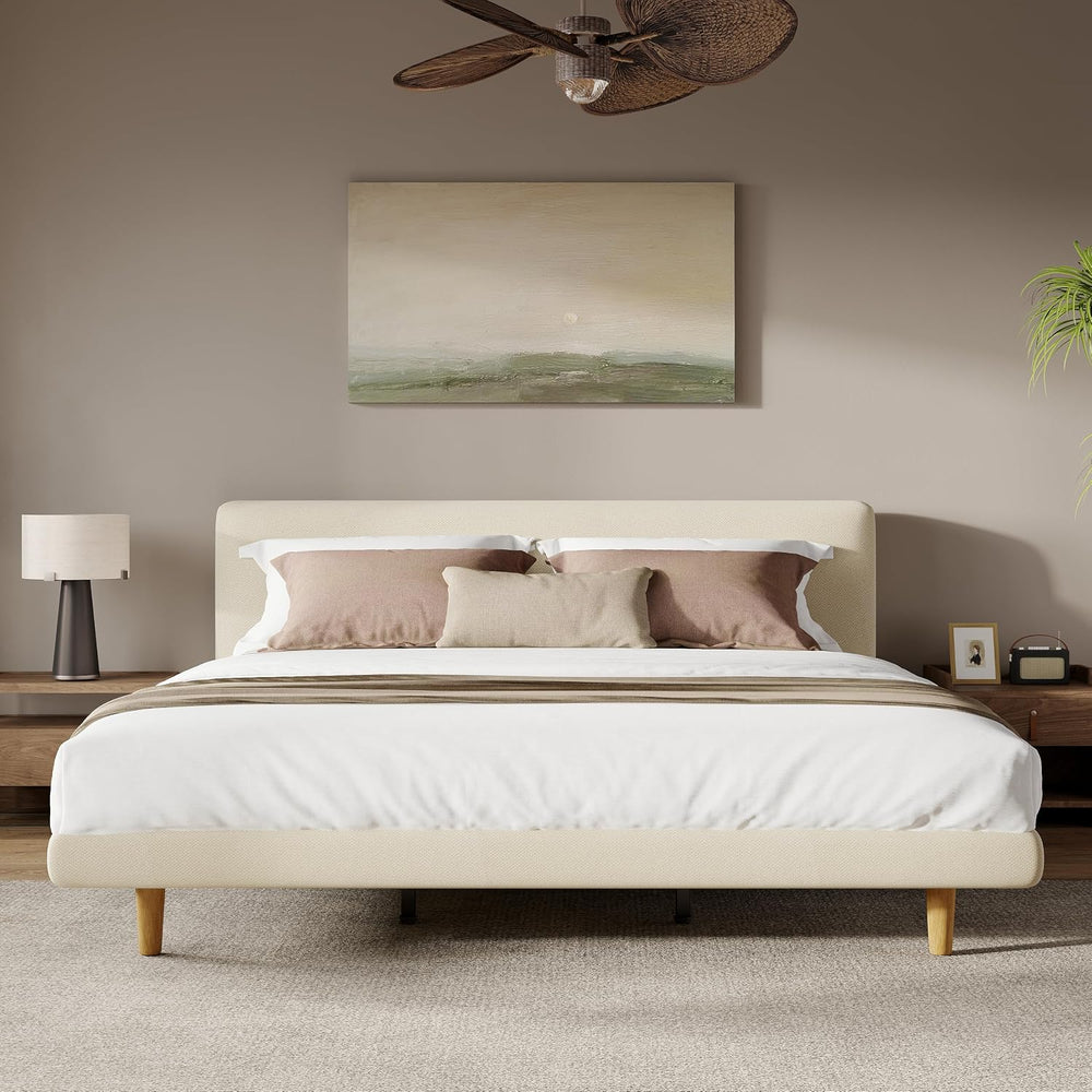 Cal-King Size Upholstered Beige Platform Bed with Chunky Headboard, Modern Fa...