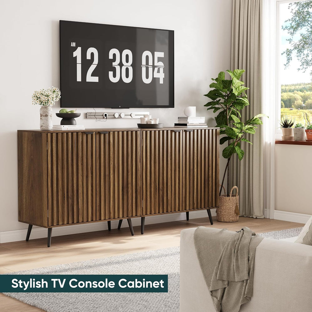 Walnut Buffet Cabinet with Storage, Sideboard Cabinet with Fluted Doors and M...