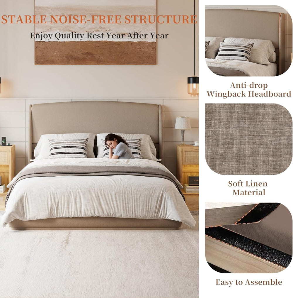 Queen Size Wooden Platform Bed, Upholstered Low Profile Linen Fabric Bed Fram...