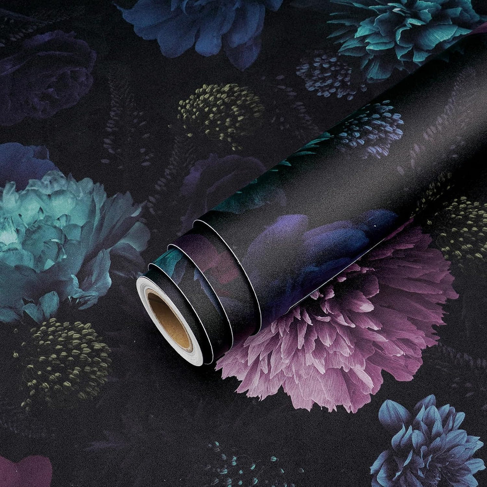 Livelynine 17.5x591" Black Floral Wallpaper Peel and Stick Moody Dark Vi...