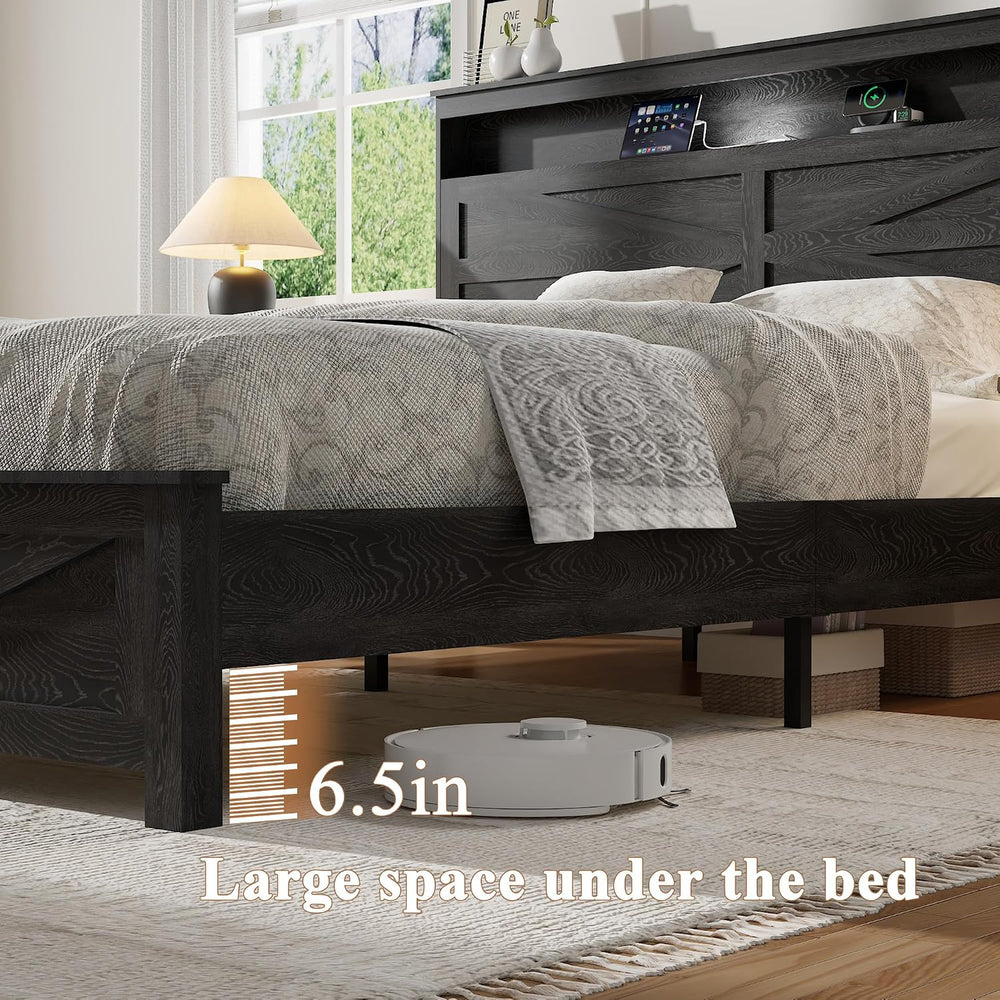 Queen Size Farmhouse Wooden Bed Frame with Storage Headboard