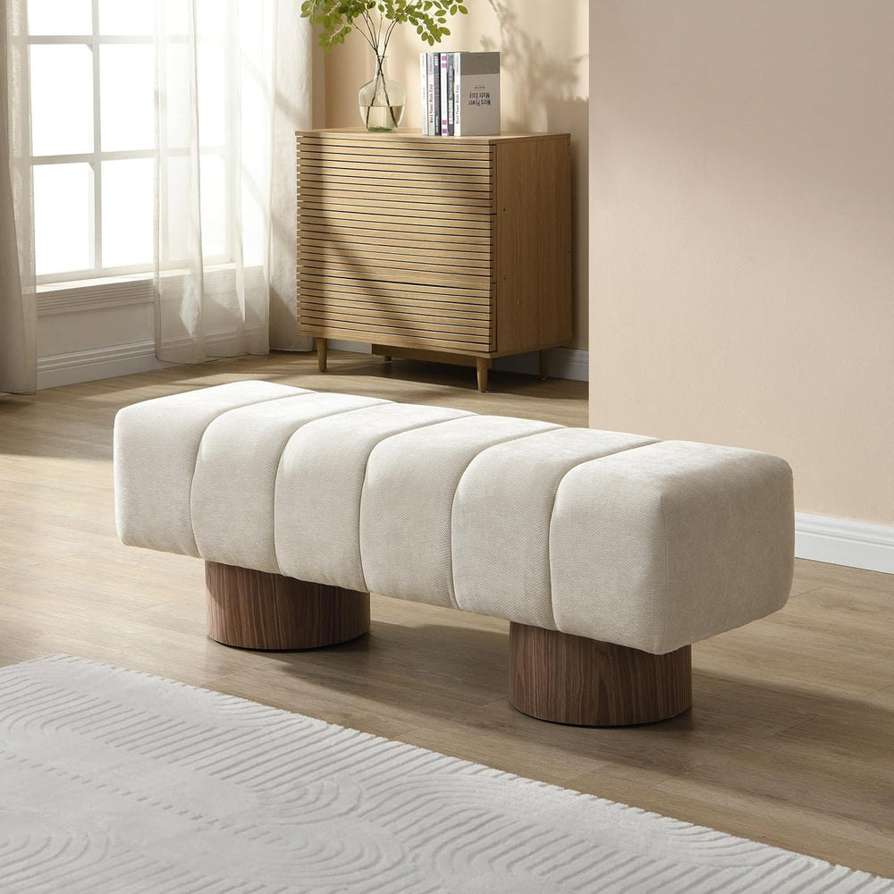 Upholstered Chenille Bench, Dining Room, Bedroom and Entryway Ottoman with Wo...