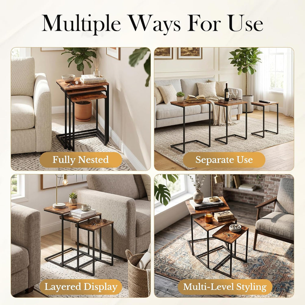 SUPER DEAL Nesting Tables Set of 3, Industrial C Shaped End Table Stackable C...