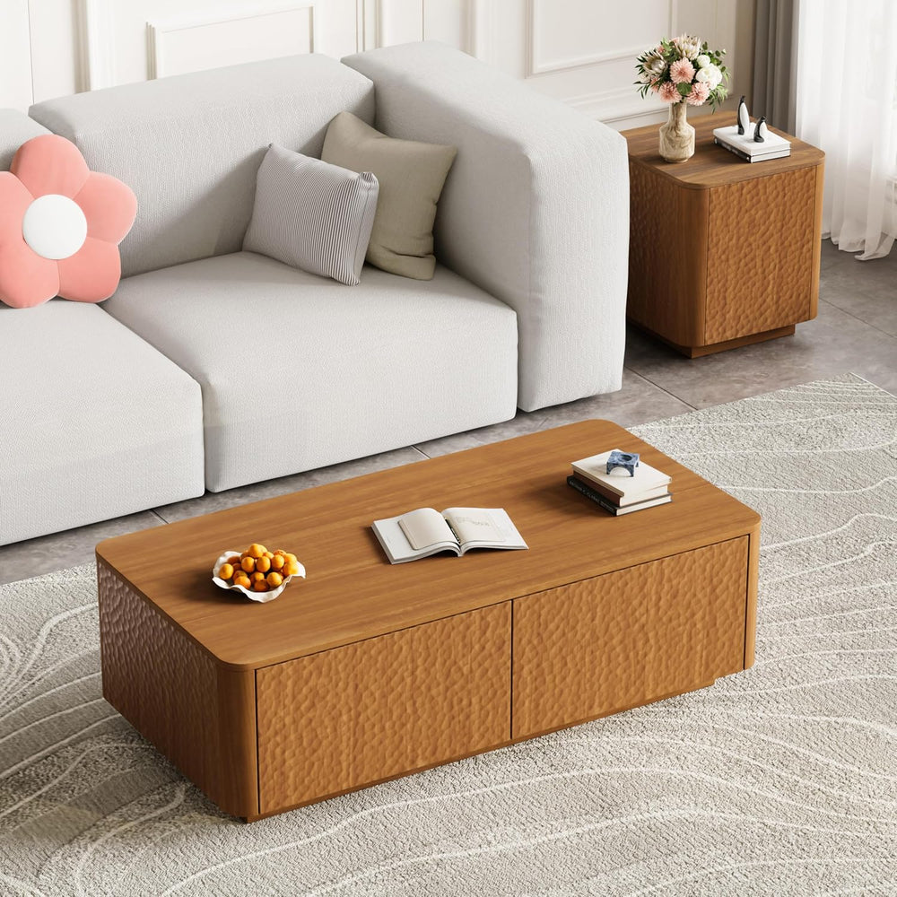 2 Pieces Living Room Table Set, Mid Century Modern Hammer Texture Coffee Tabl...