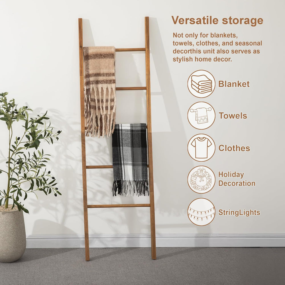 Acacia Wood Blanket Ladder, 6-Tier Wooden Blankets Holder for Living Room, De...