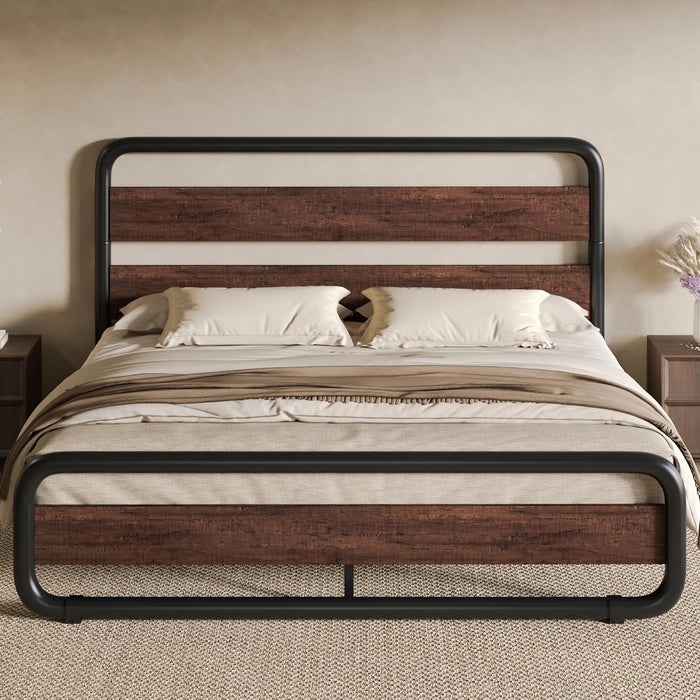 SHA CERLIN Queen Size Metal Bed Frame with Wooden Headboard, Mahogany