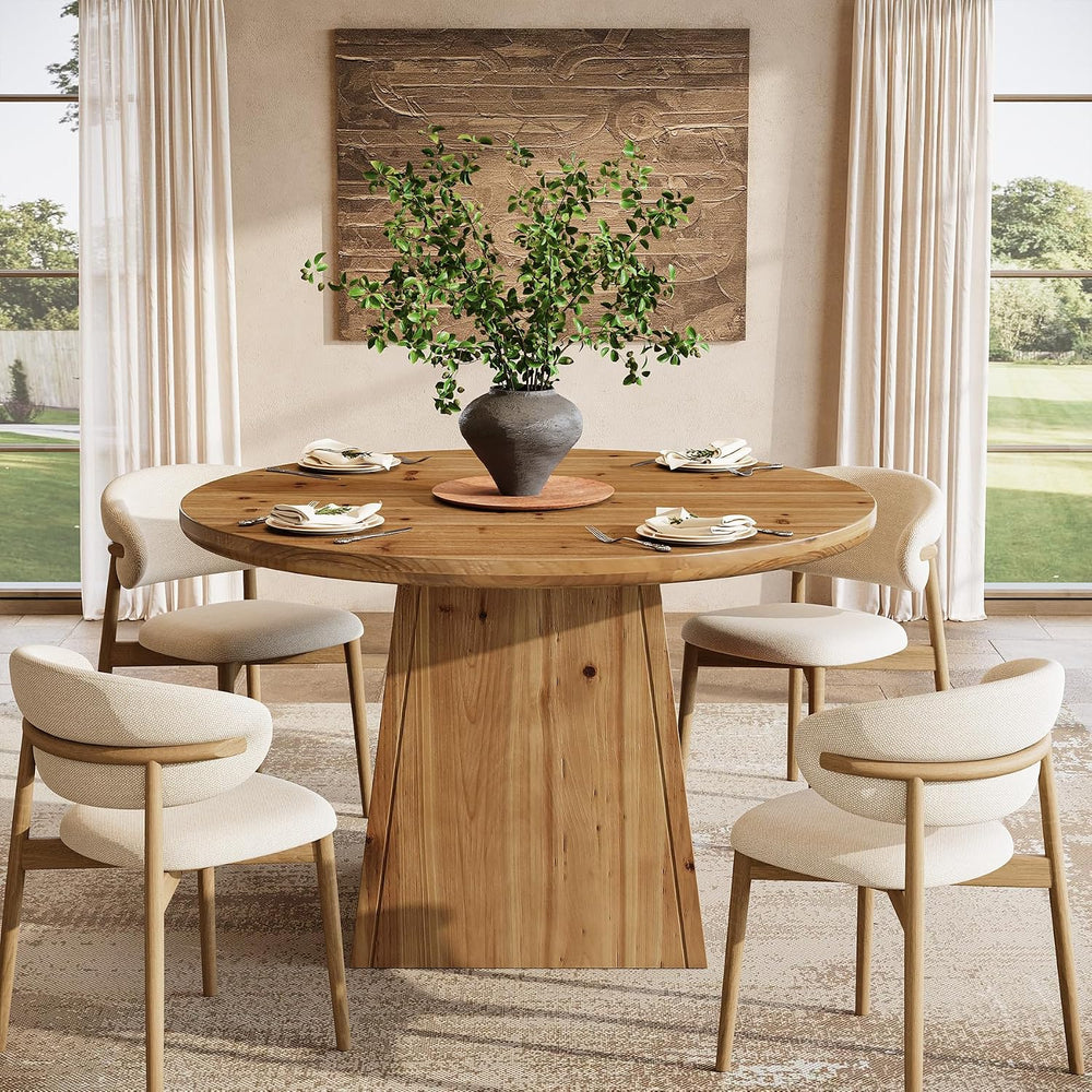 Solid Wood Round Dining Table for 4, Small Circle Kitchen Table with Thickene...