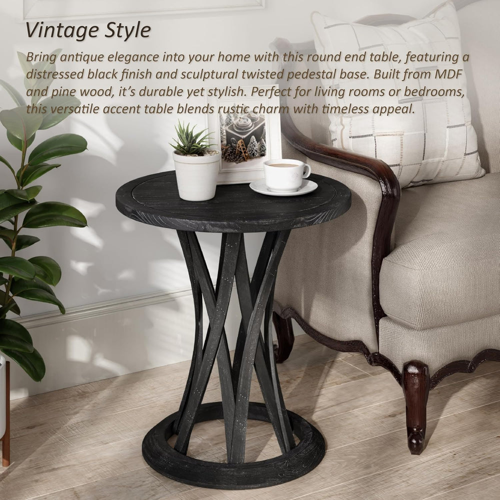 COZAYH Round Farmhouse End Table with Crisscross Pedestal Base, Distressed Fi...