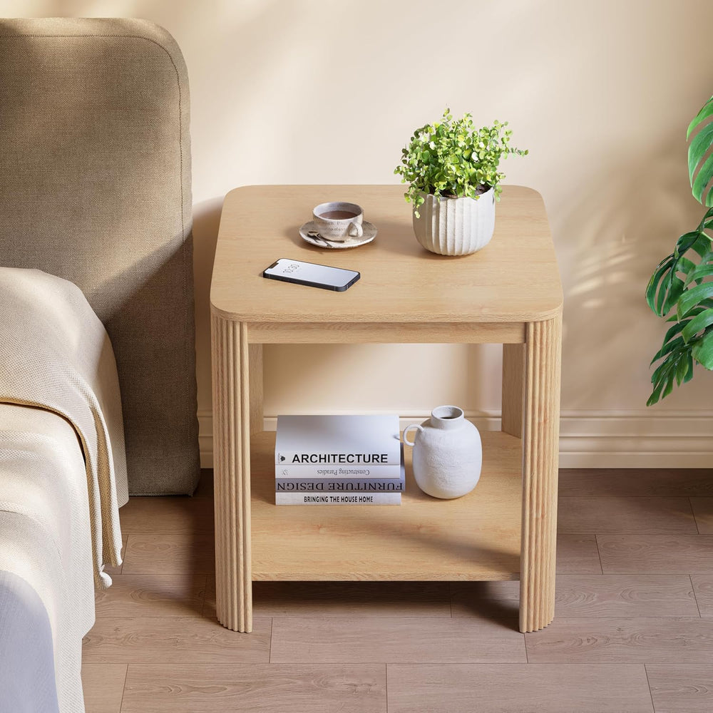 2Pcs 2 Tier End Table with Vertical Wave Grain Legs, 22.1'' Boho Squa...