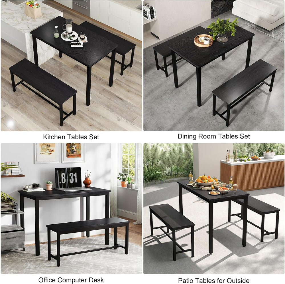 Dining Table Set for 4, Kitchen Table with 2 Benches, 3-Piece Wood Dining Roo...