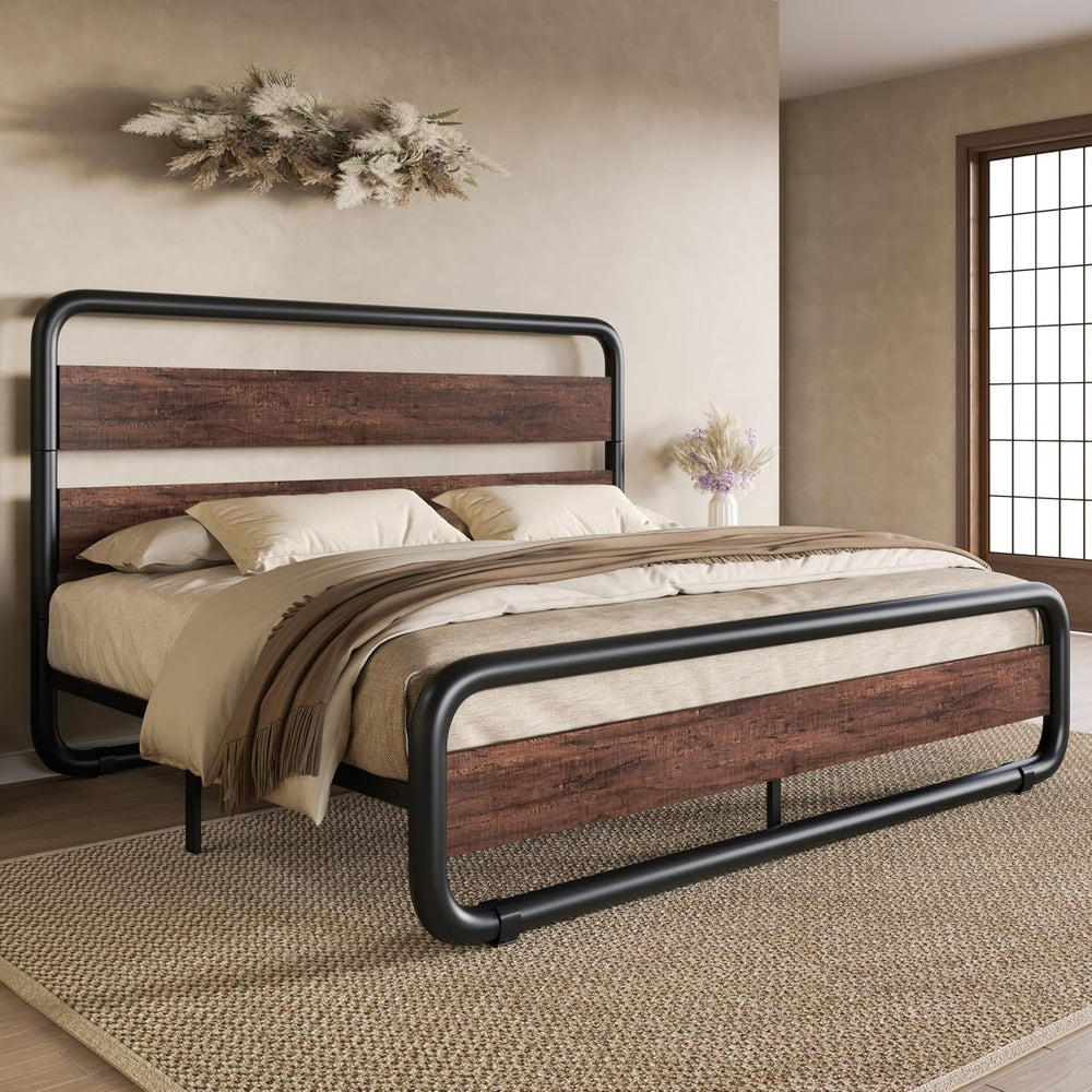 SHA CERLIN Queen Size Metal Bed Frame with Wooden Headboard, Mahogany