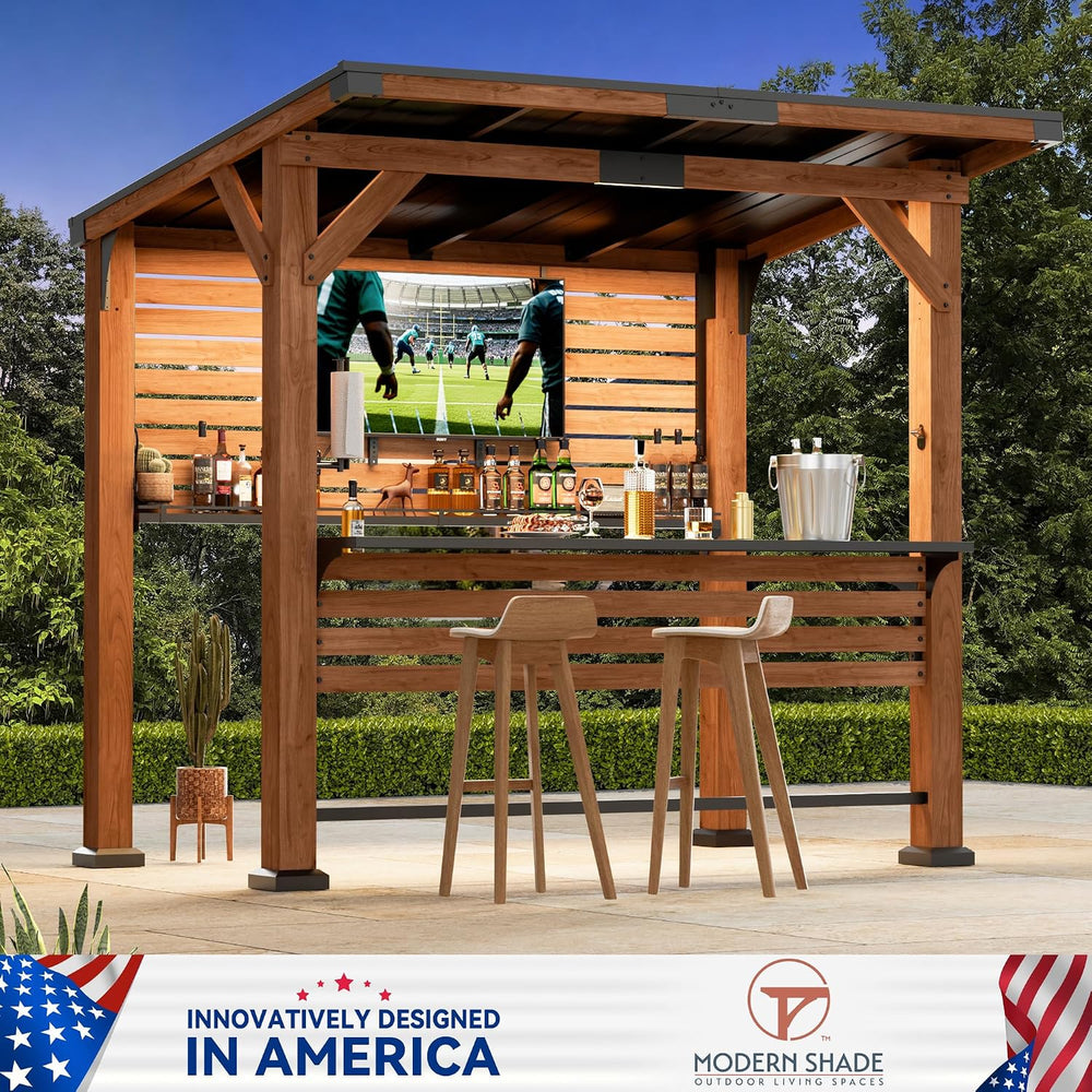 Modern Shade Cedar Outdoor Bar Gazebo with TV Mount, USB Power, 6.5 x 8 ft