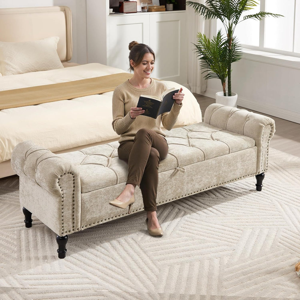 Storage Bed Bench for Bedroom, Chenille 67" End of Bed King Size Benches...