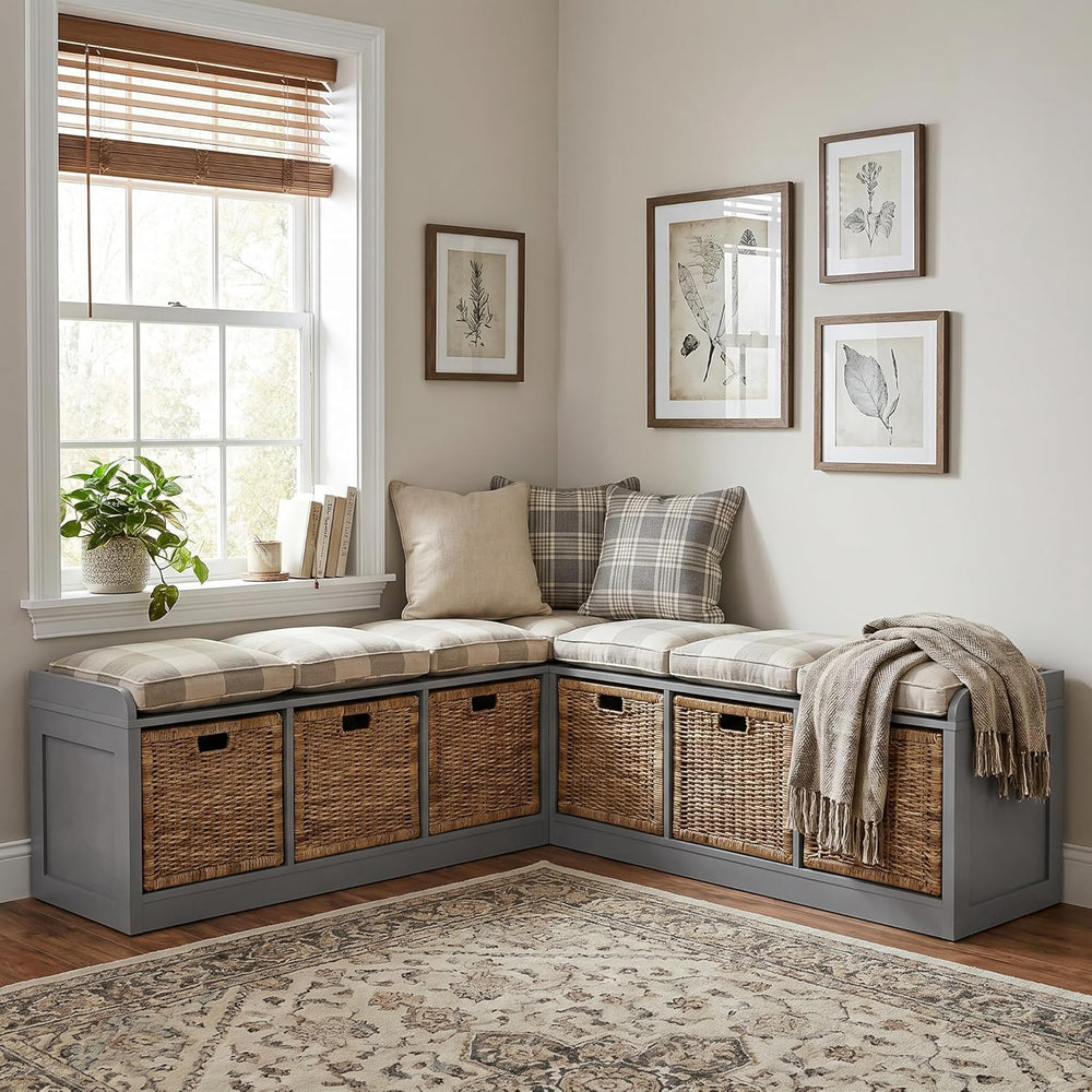 L-Shaped Storage Bench, 63" Corner Entryway Window Bench with 6 Strorage...