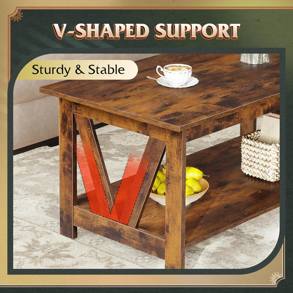 WLIVE 39.4" Farmhouse Coffee Table, Wood Center Table Storage Dark Brown
