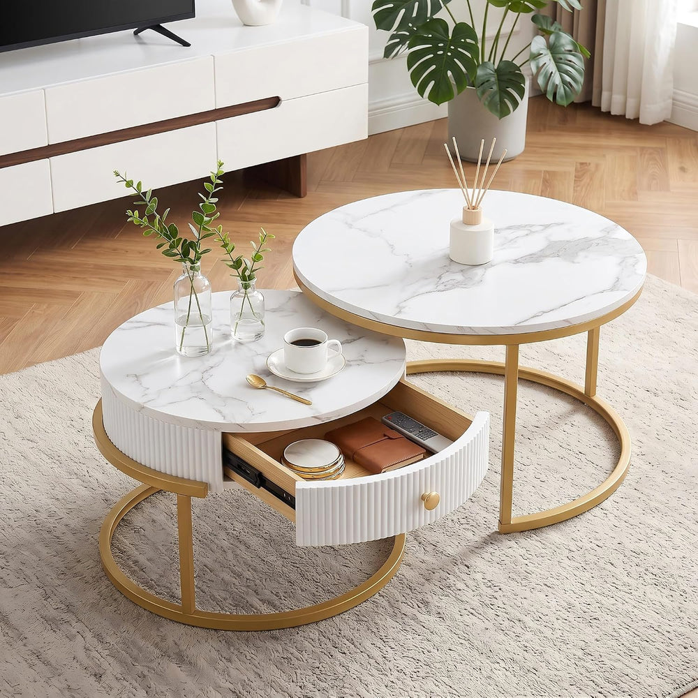 Round Nesting Coffee Table with Drawer for Small Living Room, Gold | 27.56&qu...