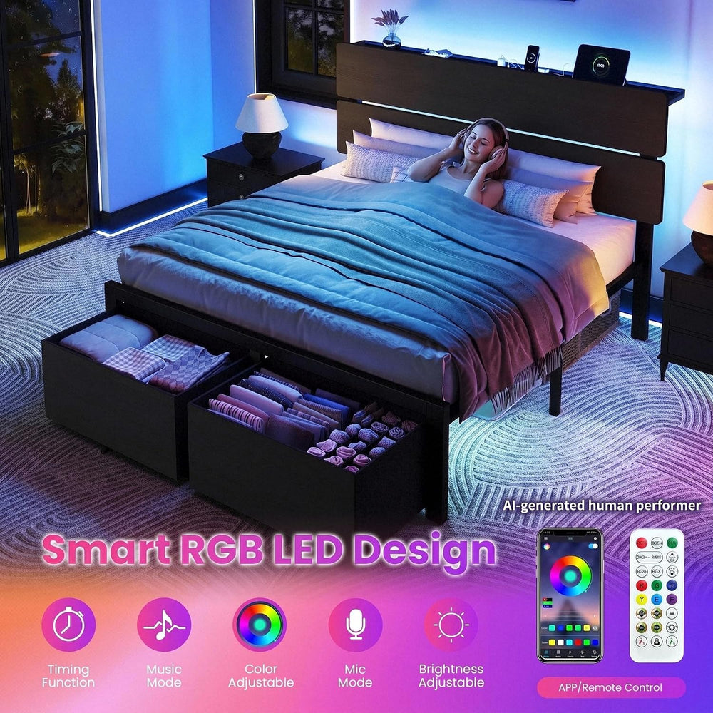 SHA CERLIN Queen Led Bed Frame, 2 Storage Drawers, Charging Station, Black