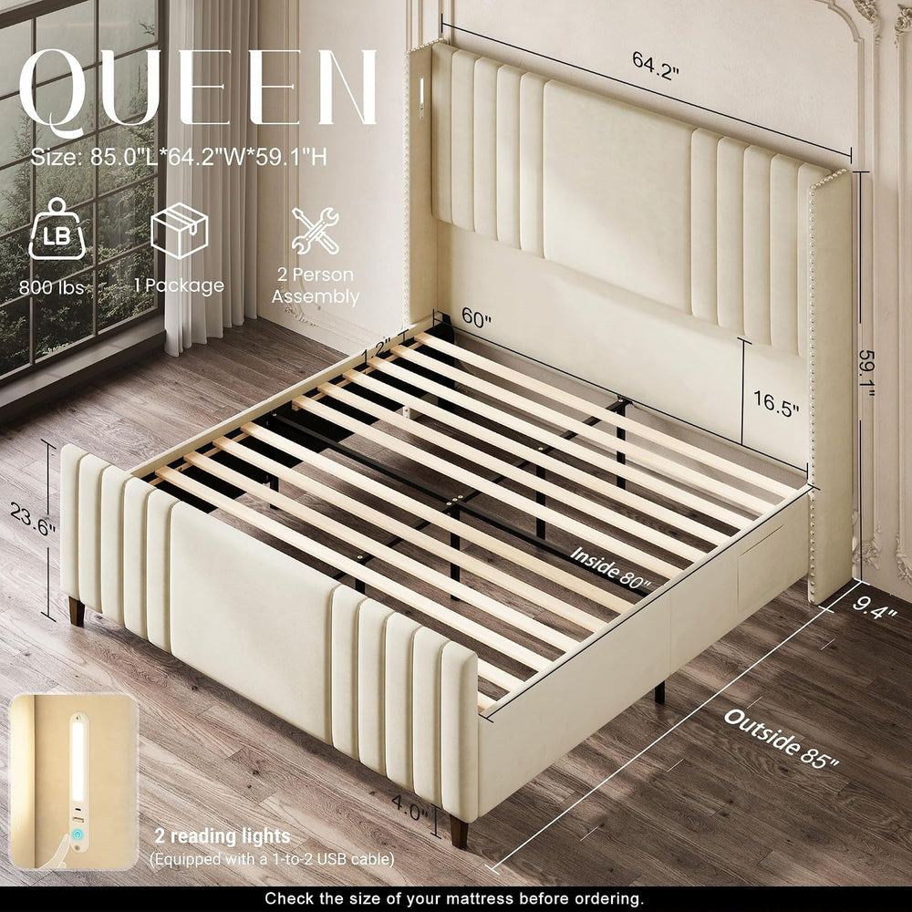 Belffin 59" Tall Queen Size Platform Bed Frame with 2 Touch Lights, Beige