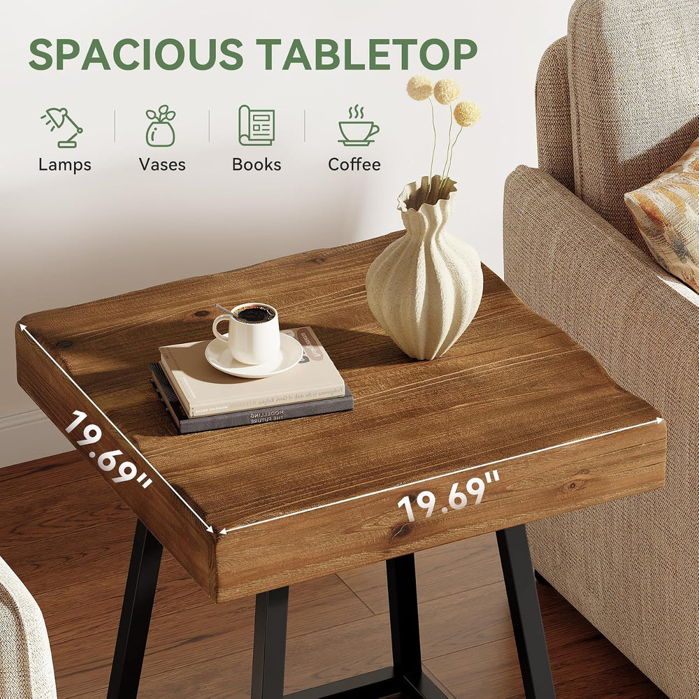 2pcs Solid Wood End Table, 19.7" Square Side Table with Metal Frame, Ind...