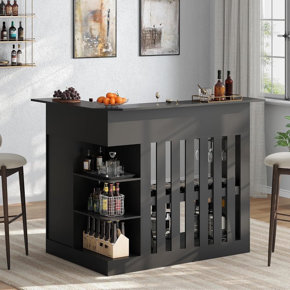 L Shaped Bar Table with LED Light, 4-Tier Corner Wine Bar Cabinet with Stemwa...