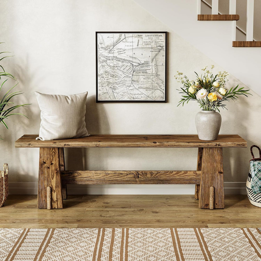 LITTLE TREE 59" Solid Wood Bench, Farmhouse Entryway Bench, Long Retro B...