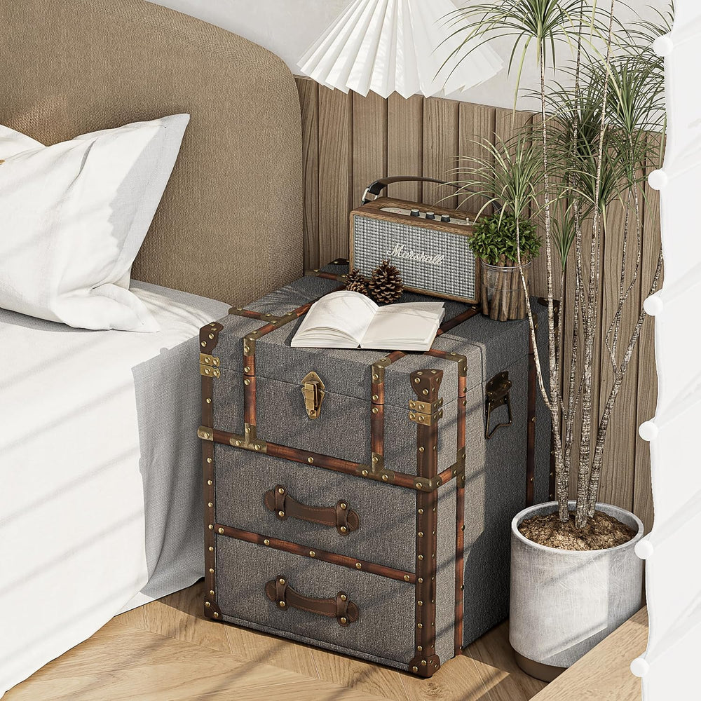 Aoikax Vintage Storage Chest with Buckle Hinged Top, Linen Accent End Side Ta...