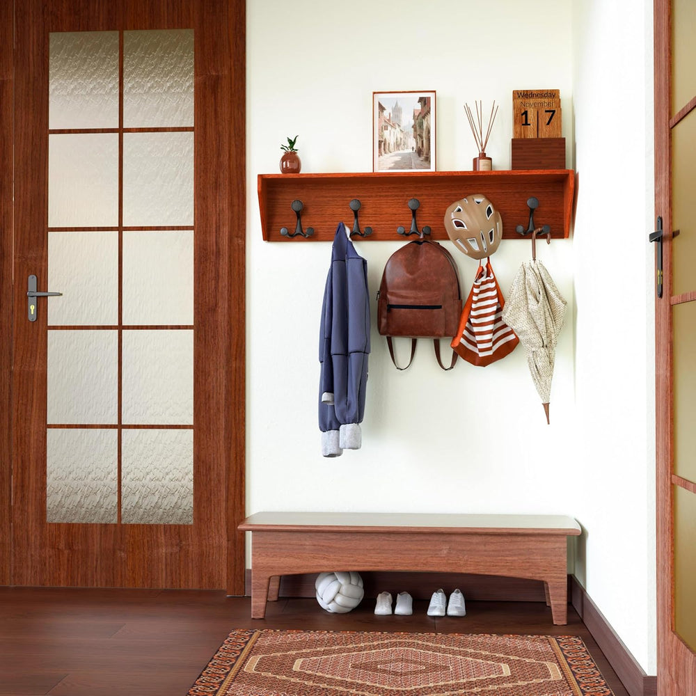 SKOLOO Wall Shelf with Hooks, 35-Inch Cherry Coat Rack Wall Mount with Shelf ...