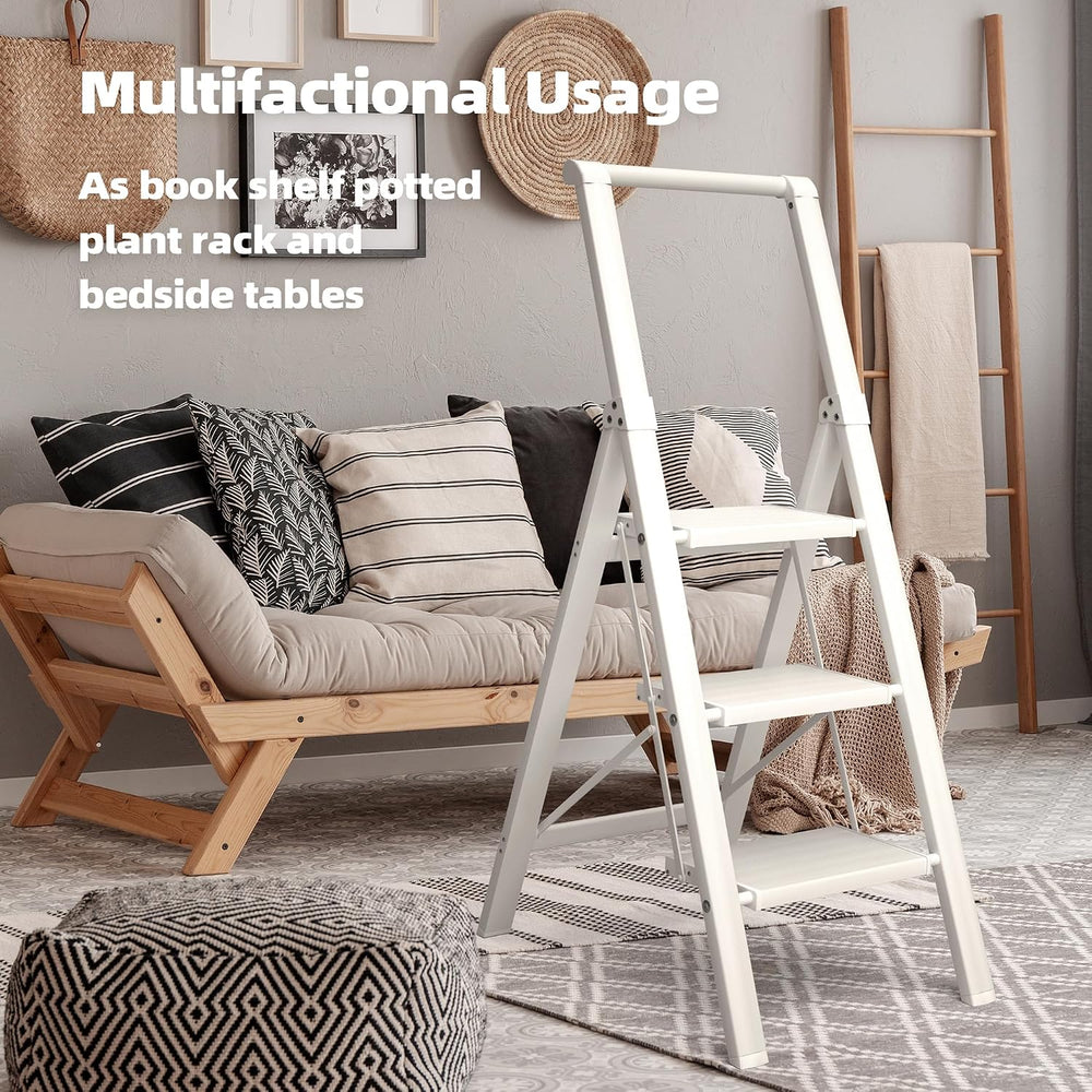 HillhutApex Aluminum 3 Step Ladder, Step Stool Foldable Ladder(White)