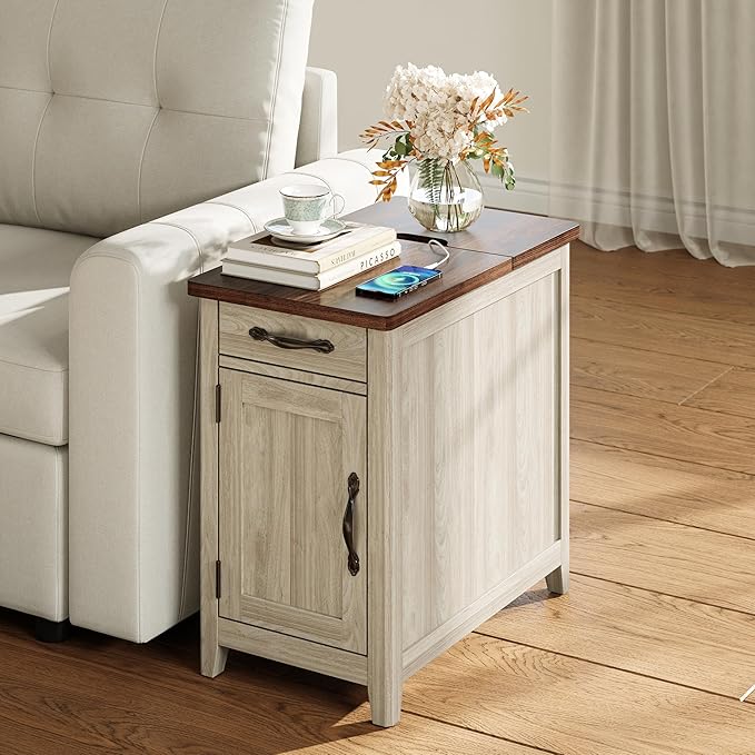 LINSY HOME Farmhouse End Table with Charging Station, Narrow Side Table for L...