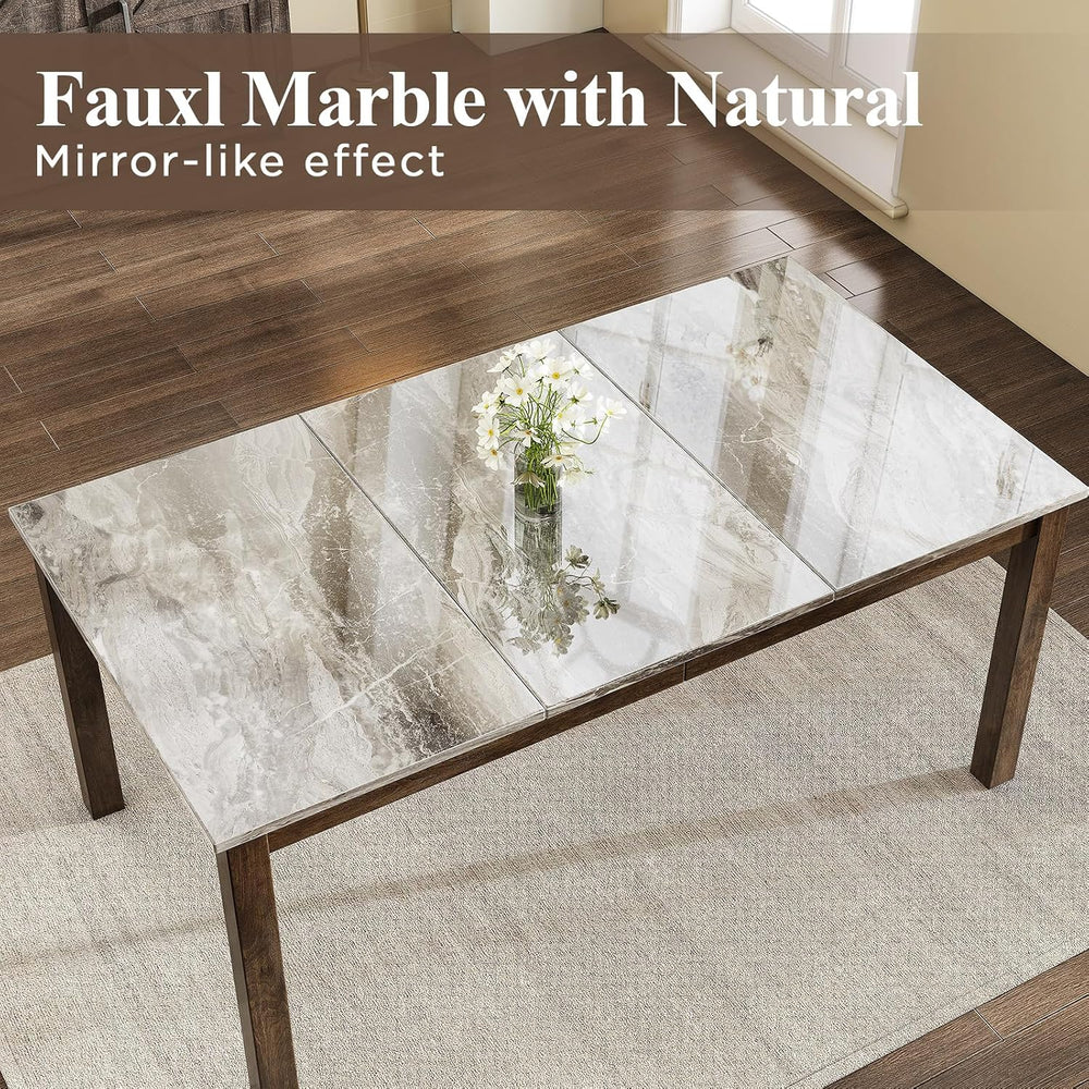 LUXOAK 7-Piece Wood Dining Table Set with Faux Marble Tabletop, Dark Brown | ...