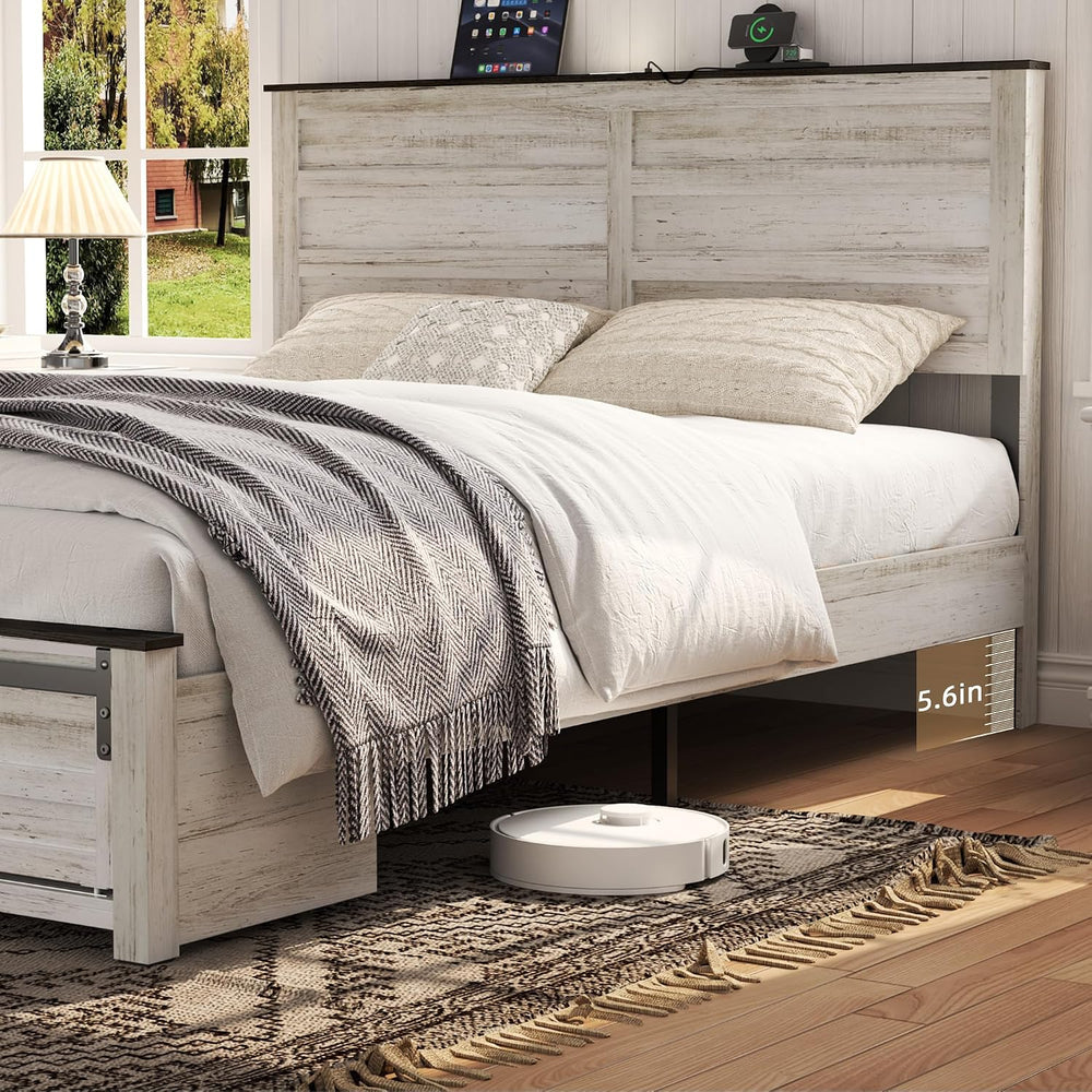 Full Size Wooden Bed Frame with Headboard and Storage Footboard