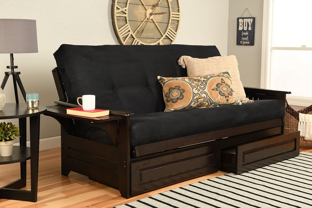 Phoenix Full Size Futon Couch with Espresso Finish with Suede Black Mattress ...