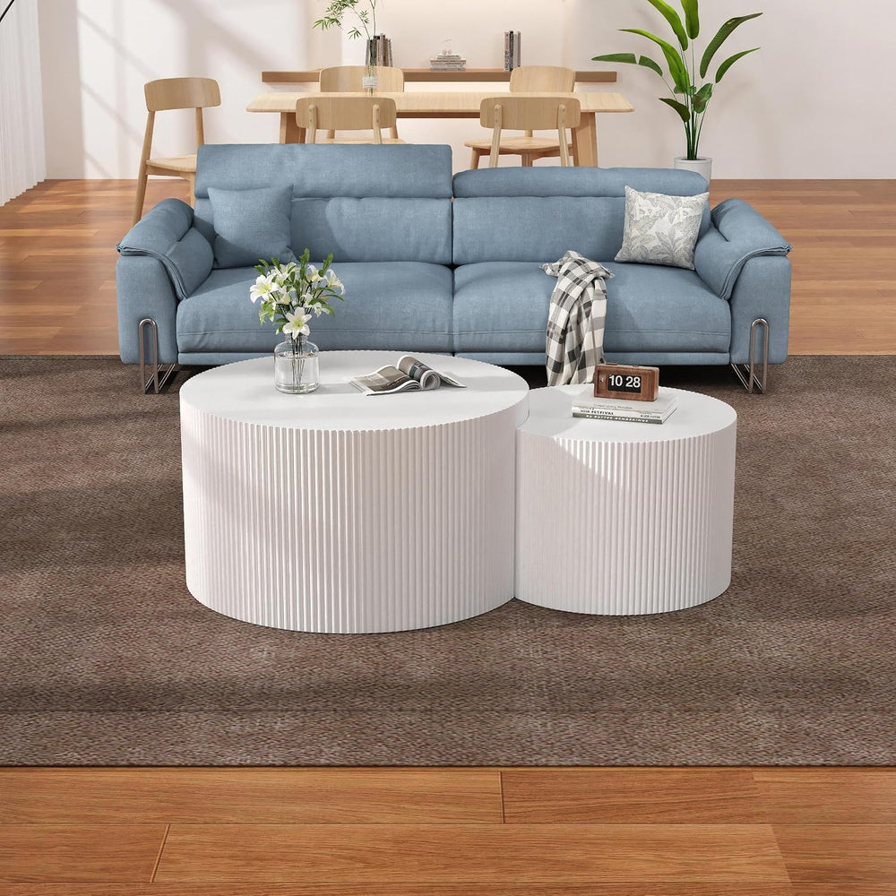 27.5" Round Nesting Coffee Table Set of 2 (White) | Wooden Fluted Drum S...