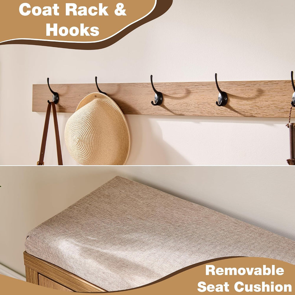 Rattan Narrow Entryway Bench with Shoe Storage, 2 Flip Drawers & Coat Rac...