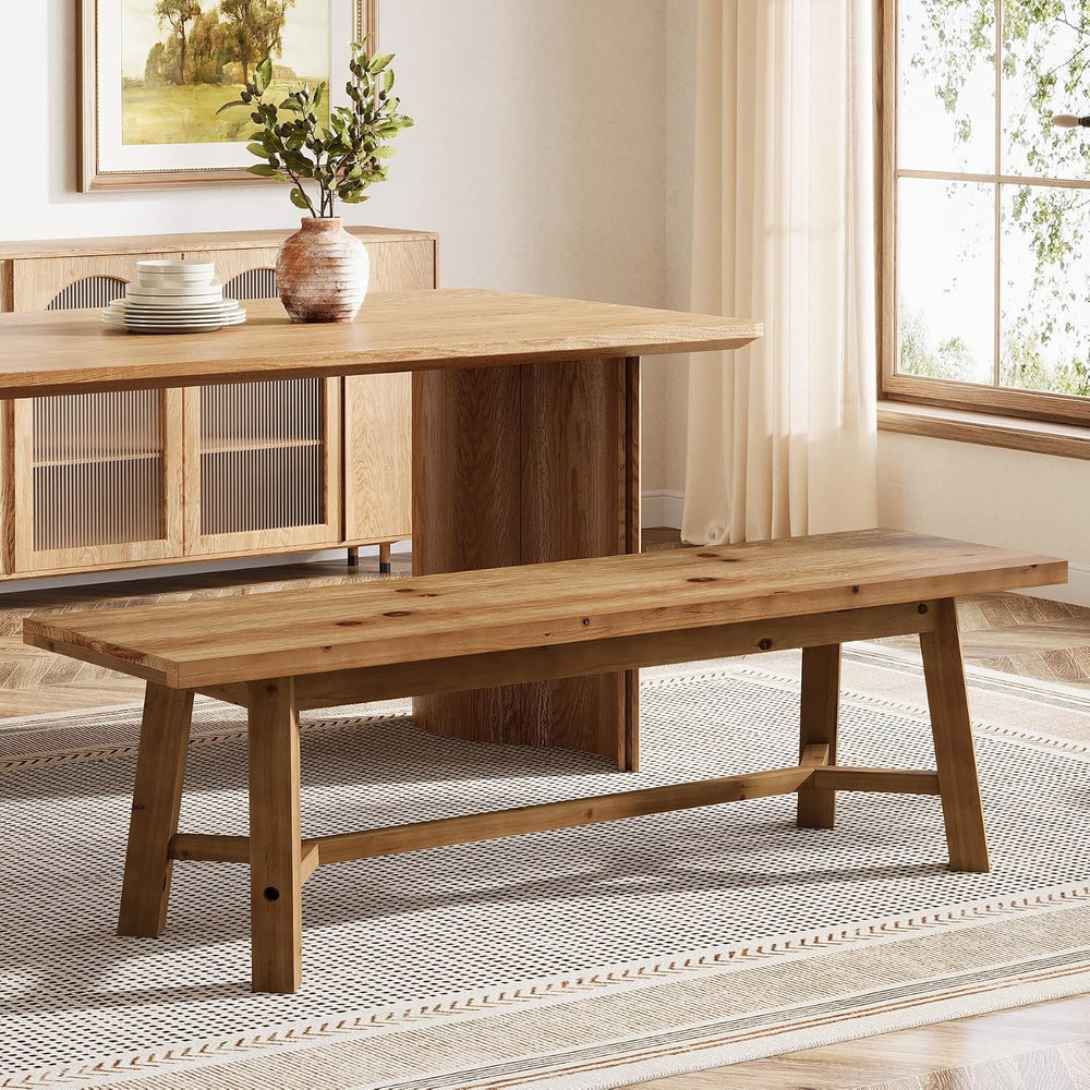 55.12-Inch Solid Wood Dining Bench, Farmhouse Long Kitchen Bench with Strengt...