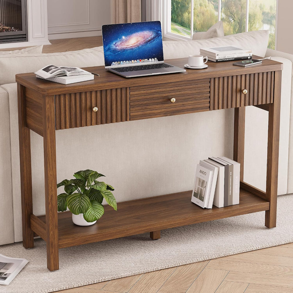 Decofy 47'' Fluted Console Table with Charging Station & 3 Drawer...