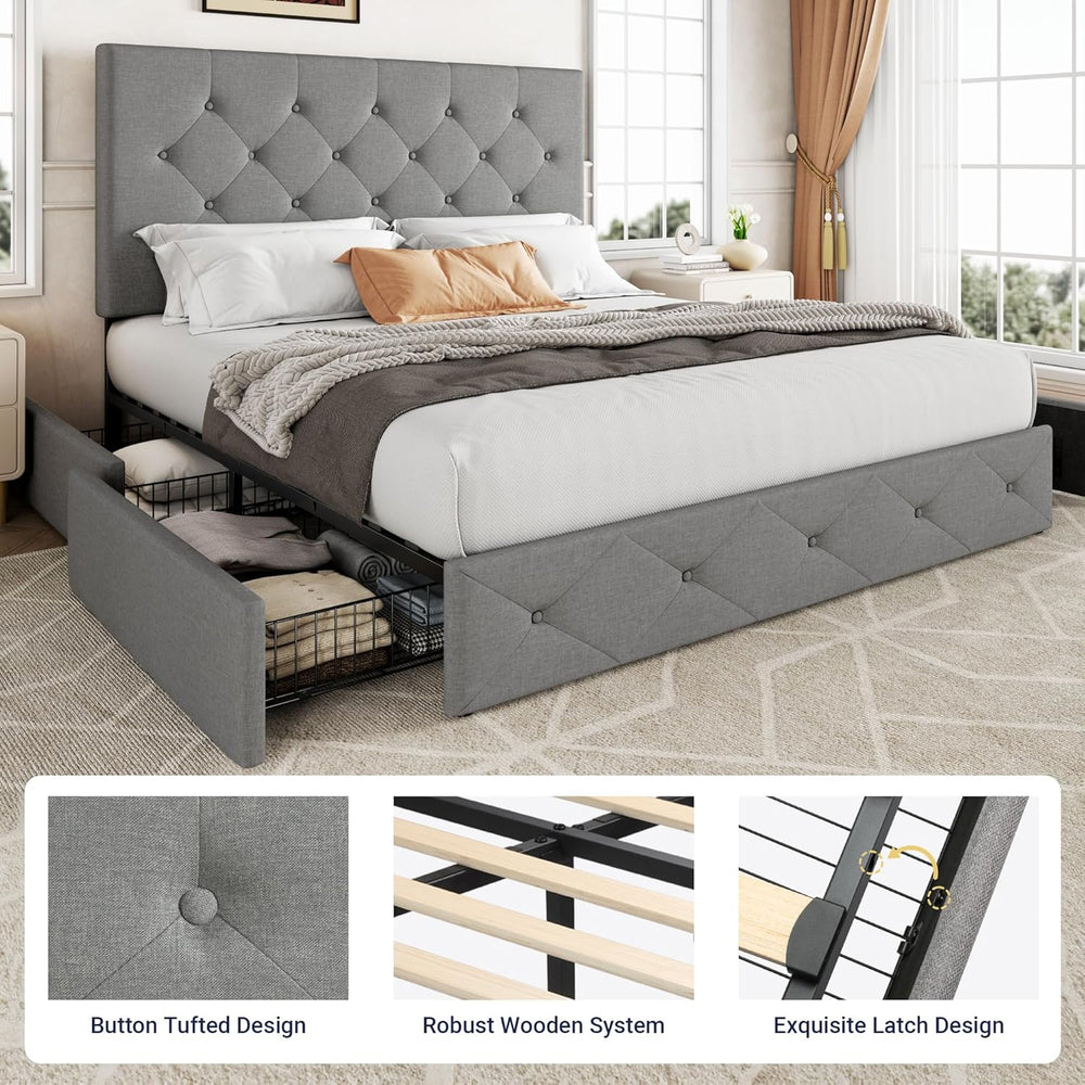 Allewie Queen Size Storage Bed Frame with 4 Underbed Drawers, Light Grey