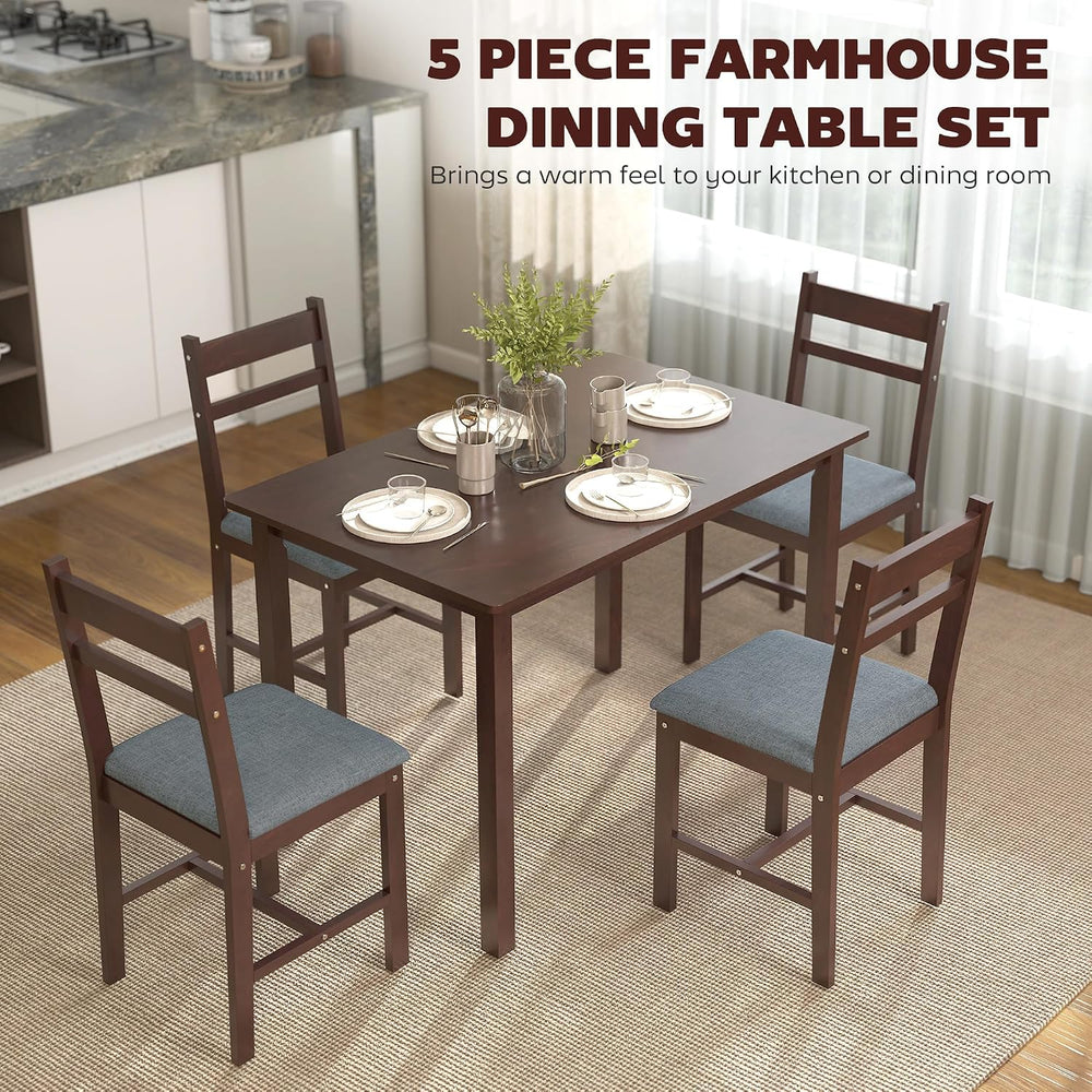 HOMCOM 5-Piece Solid Wood Dining Table Set for 4, Walnut and Gray | Farmhouse...