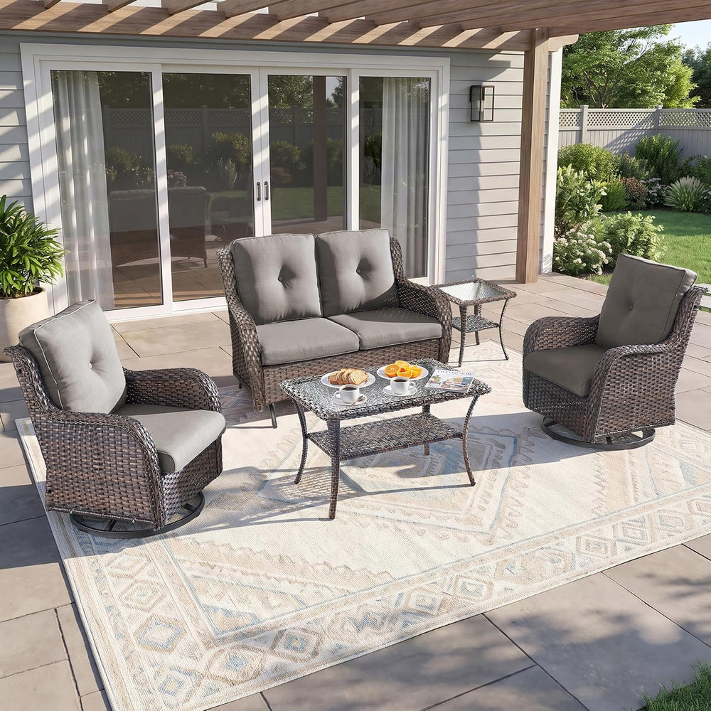 Outdoor Wicker Swivel Rocker Chair and Glider Loveseat 2 Seater, Brown/Grey