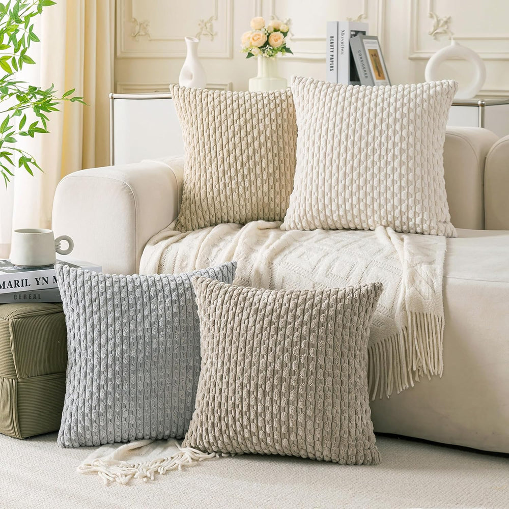 Set of 4 Neutral Decorative Throw Pillow Covers 22x22 Inch Corduroy Pillow Co...