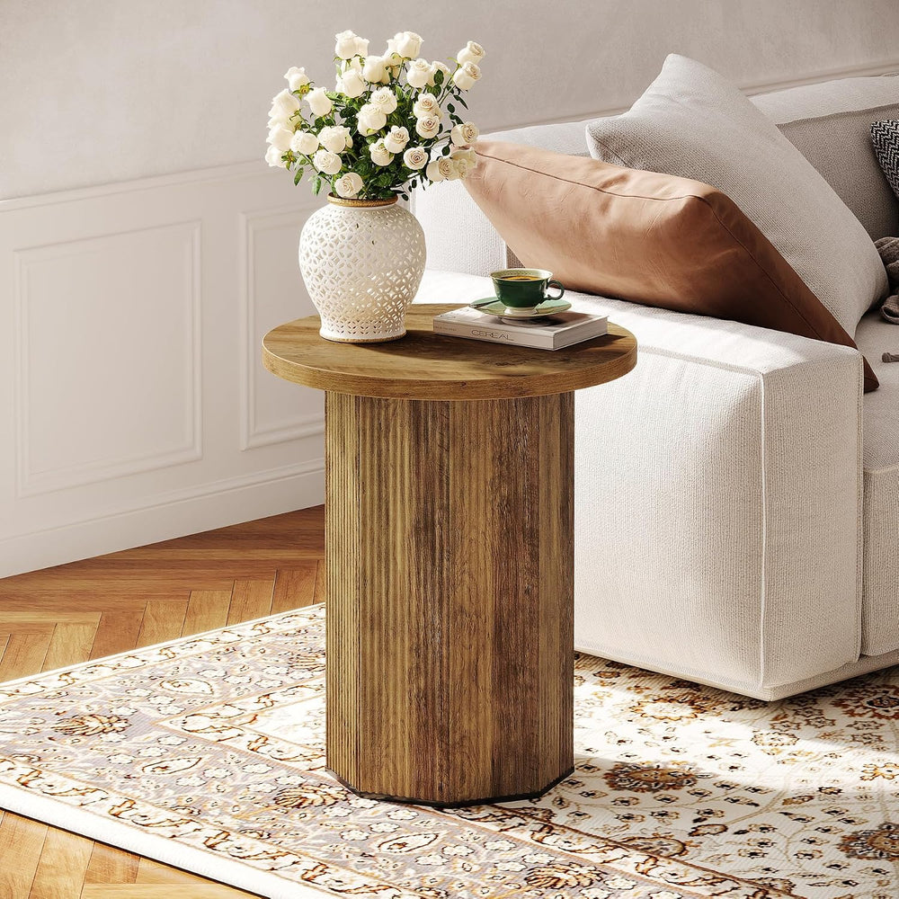 Tribesigns Round End Table, Farmhouse Fluted Side Table with Pedestal Base, W...