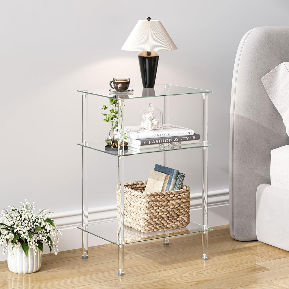Tempered Glass Side Table, Acrylic End Table, 3-Tier Transparent Nightstand, ...