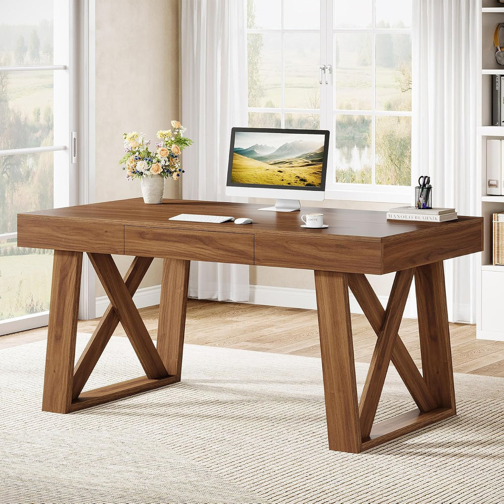 Tribesigns 55-inch Computer Desk with Drawer, Retro Walnut Big Home Office De...