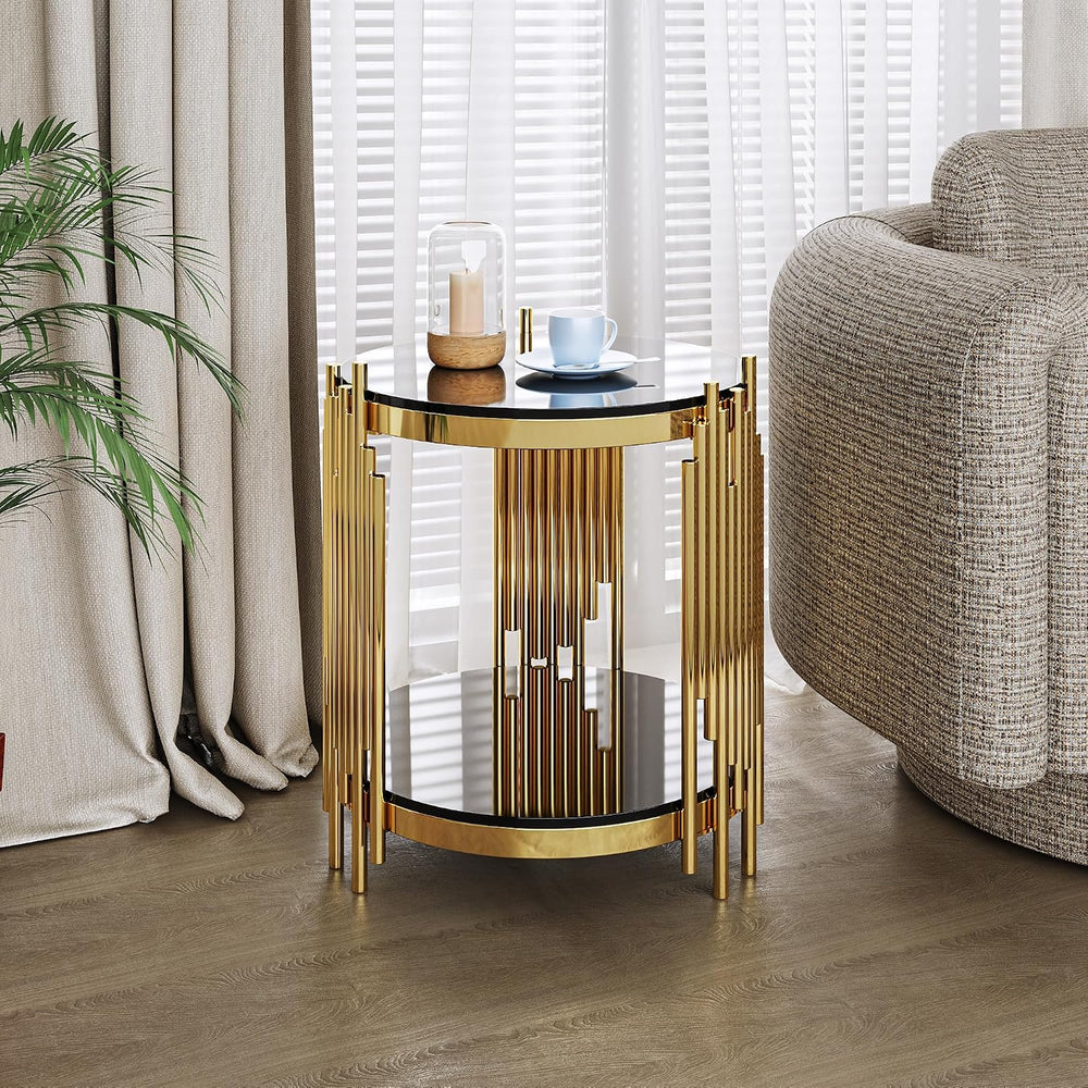 Gold Black End Table with Golden Stainless Steel Frame,Modern Glass Bedside N...