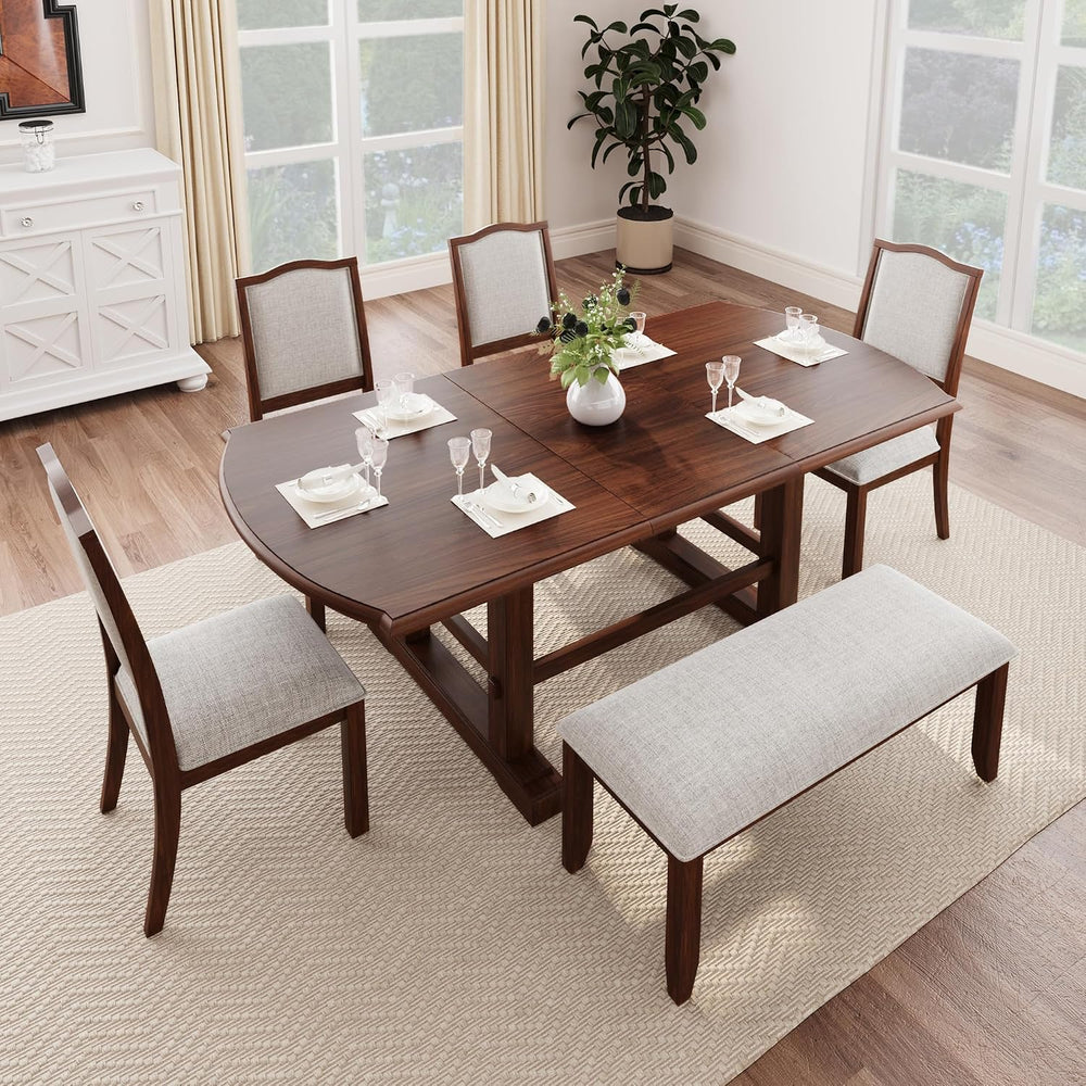6-Pcs 78'' Extendable Rectangular Dining Table & 4 Upholstered Di...