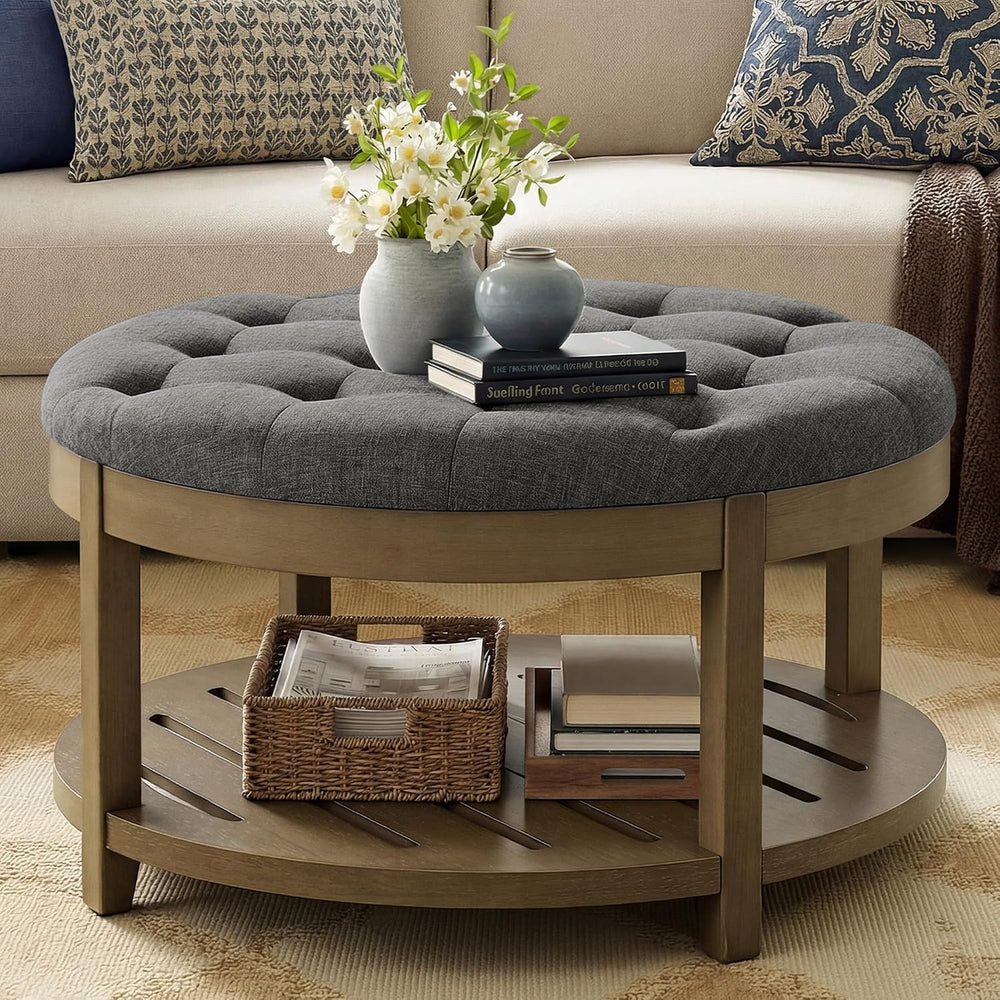 SONGMICS Round Coffee Table with Storage, Solid Wood Frame