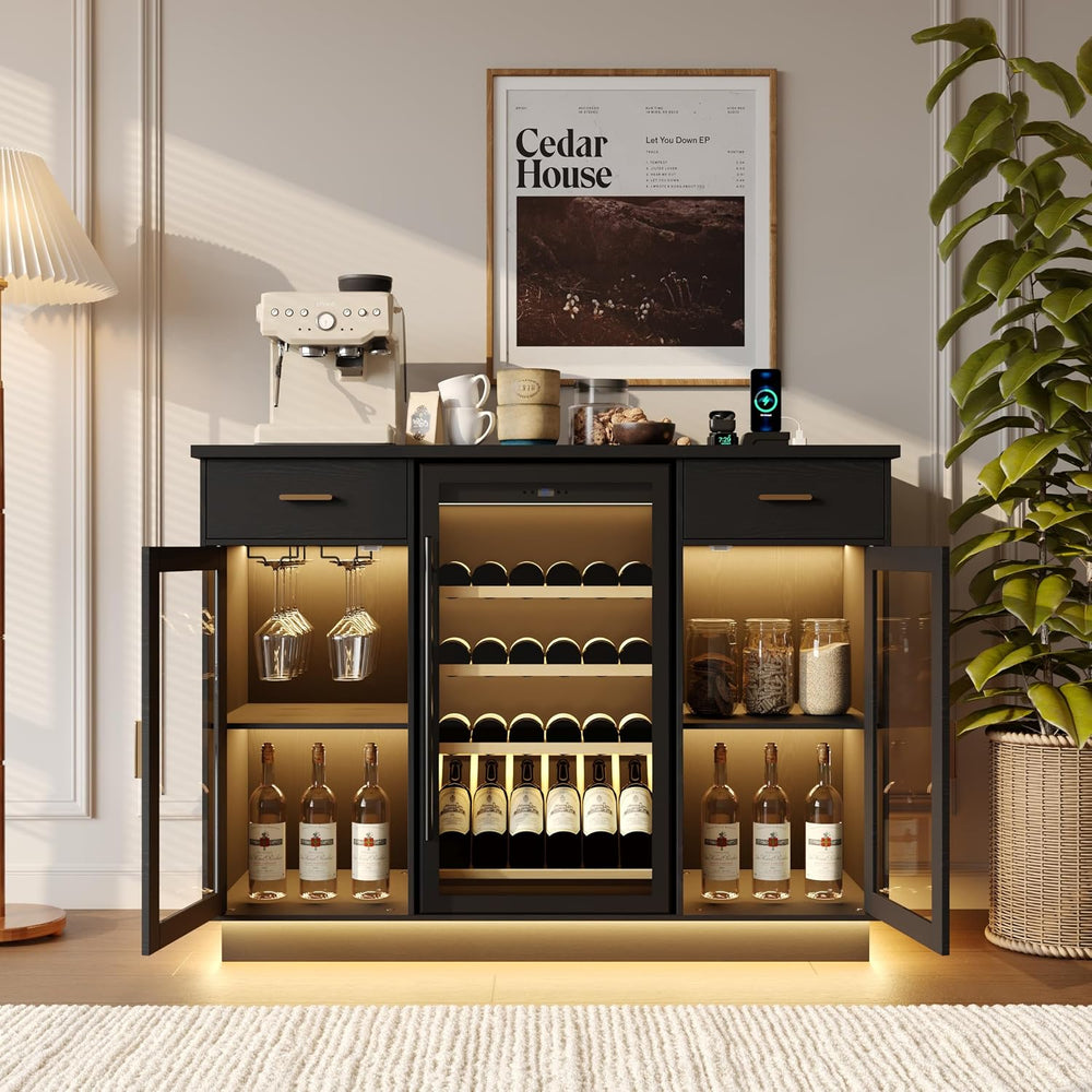 COCO DESIGN Coffee Bar Cabinet with Fridge Space and Power Outlet, Black