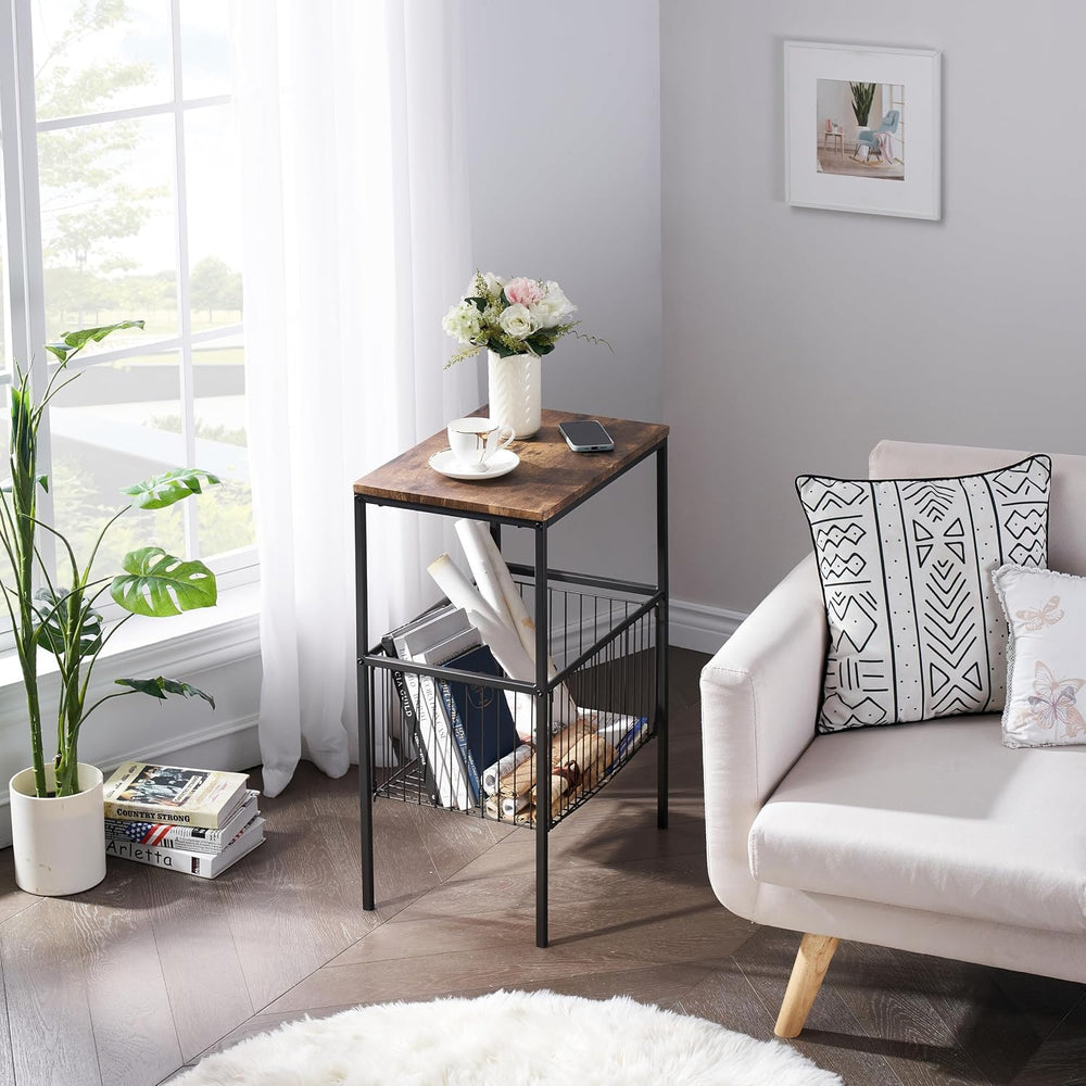 VECELO Tall End Table with Metal Basket,Nightstand with Shelf Storage Organiz...