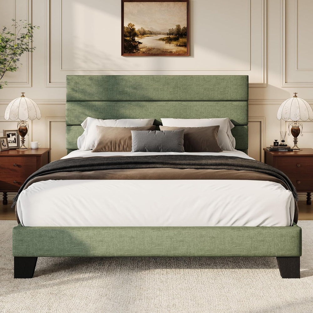 WEEWAY Full Size Fabric Bed Frame with Upholstered Headboard, Green